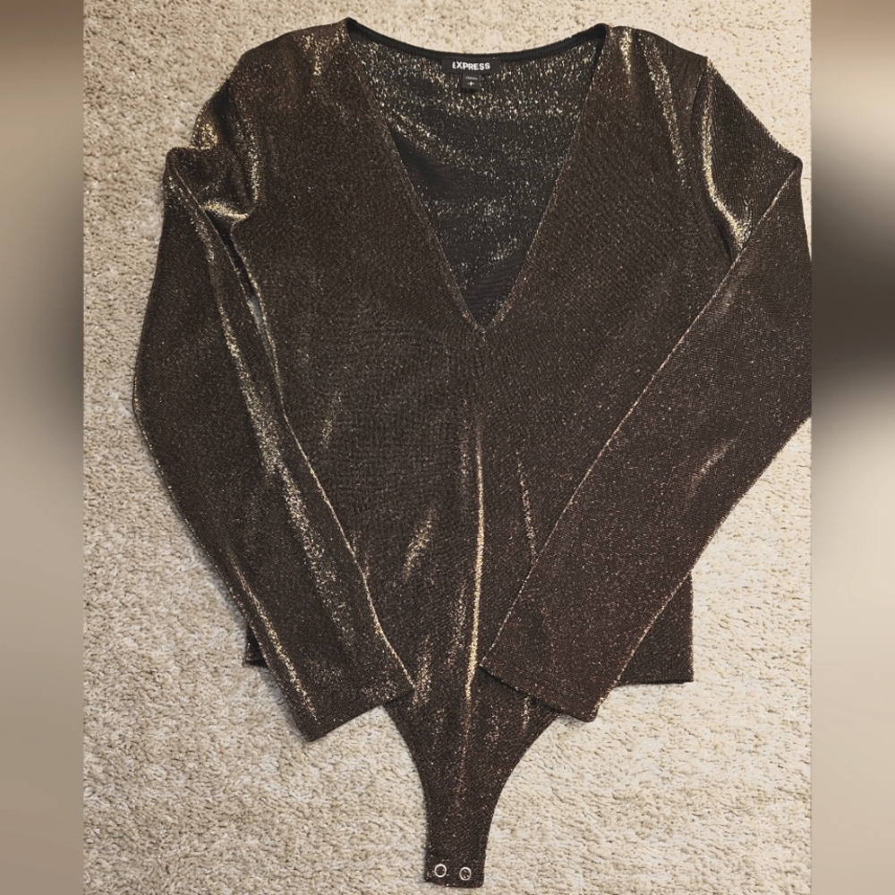 Express Metallic Shine Sparkle Long Sleeve Bodysuit Small